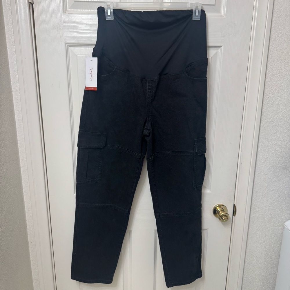 Isabel Black Denim Full Belly Maternity Cargo Jean Pants StraightLeg Size 12 NWT